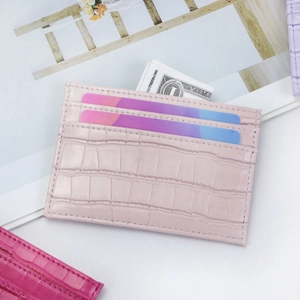Slim crocodile pattern PU leather card holder with multiple slots in soft pastel pink