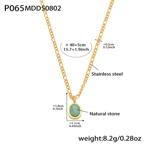 Detail view of gold stainless steel necklace with oval natural stone pendant and measurements