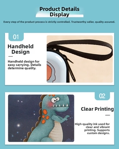 Detail of portable light blue dinosaur coin purse with sturdy black nylon handle strap