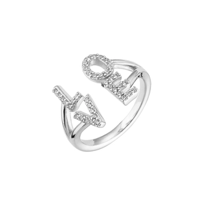 Silver adjustable LOVE ring with micro-paved cubic zirconia in a modern crossover design