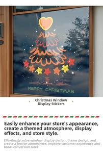 Detail of Christmas tree window sticker with heart top and Merry Christmas text