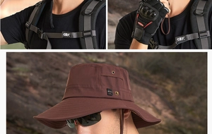Détail d'un chapeau de soleil extérieur avec large bord, cordon coupe-vent et œillets en métal
