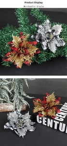 Close-up of red and black buffalo plaid Christmas flowers with sparkling sequins