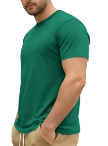 Detail of emerald green cotton T-shirt showing crew neck and ribbed texture