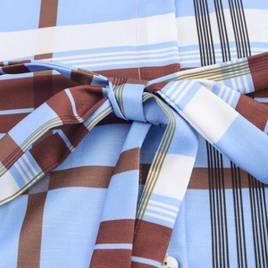 Women's plaid shirt dress featuring a waist tie bow and blue checkered pattern