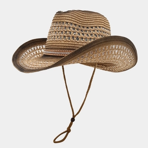 Close-up of straw cowboy hat with metallic rivet leather band and hollow weave pattern