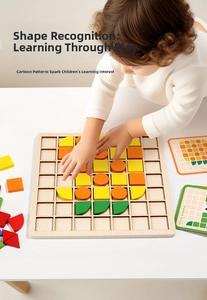 Close-up of a child playing with colorful geometric wooden mosaic puzzles on a grid board