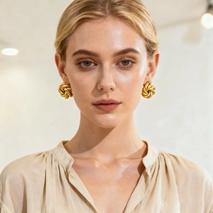 Close-up of elegant gold knotted metal stud earrings worn by a model in soft light