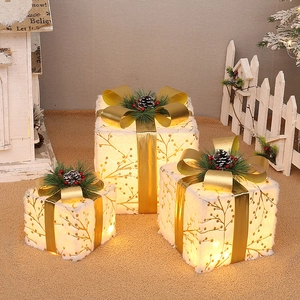 Three-piece glowing white plush Christmas gift box set with gold patterns and LED lights