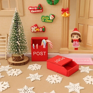 Miniature Christmas dollhouse set with red wooden mailbox, tree, and festive decor accessories