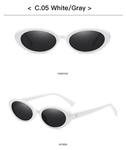 Detail view of oval white frame sunglasses with gray lenses from front and side angles