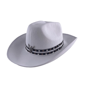 Detail of white felt cowboy hat featuring silver bull head buckle and LED light strip