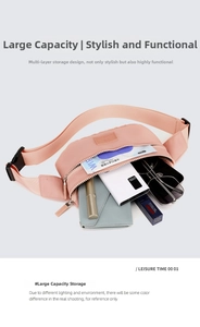 Pink nylon waist bag showing large capacity storage with phone and essentials