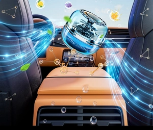 Close-up of solar car aromatherapy with scent molecules over premium leather car interior