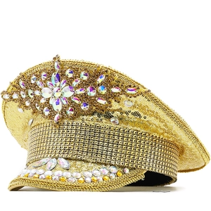 Gold Sequin Captain Hat Luxury Shimmering Rhinestone Military Cap For Festival Party Stage Performance Carnival Costume