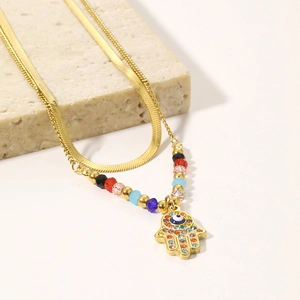 Layered Necklace Stainless Steel 18K Gold Plated Colored Beads Rhinestone Hamsa Hand Evil Eye Pendant Bohemian Women