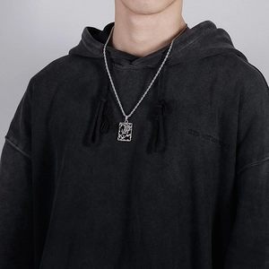 Silver stainless steel rectangular pendant necklace featuring detailed dragon relief on twist chain