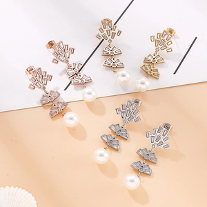 Art Deco fan-shaped pearl drop earrings with cubic zirconia in gold silver and rose gold