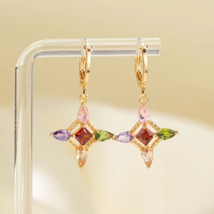 Luxurious gold four-leaf clover drop earrings with colorful zircon gemstones for women
