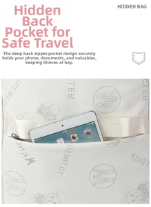 Detail view of anti-theft hidden back pocket on cute school backpack for tablets