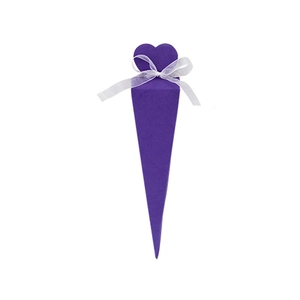 Elegant purple cone-shaped wedding favor gift box with heart cutout and white ribbon bow
