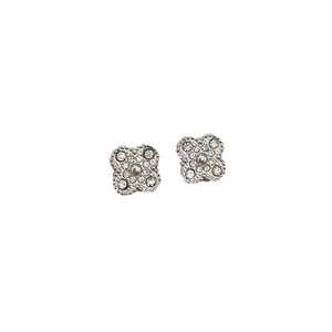Minimalist four-leaf clover stud earrings with sparkling crystals in silver titanium steel