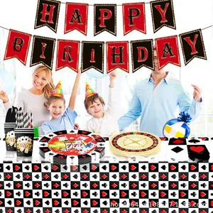 Casino theme birthday party tableware set with Happy Birthday banner and poker motifs