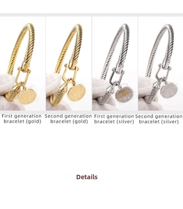 Macro detail of U-hook twisted rope bracelets with Saint Benedict medals in gold and silver