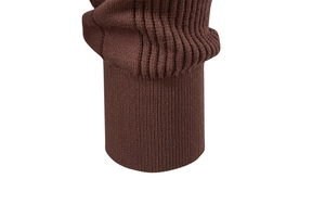 Close-up of brown knit polo sweater cuff showing detailed ribbed texture and quality wool