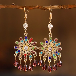 Bohemian sun flower earrings with colorful rhinestones and purple teardrop beads