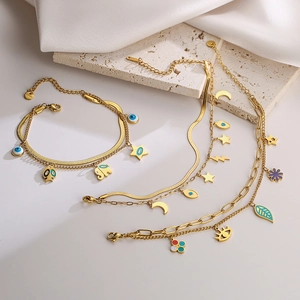 Double Layer Bracelet Gold Plated Stainless Steel Evil Eye Elephant Star Moon Enamel Charms Bohemian Style For Women