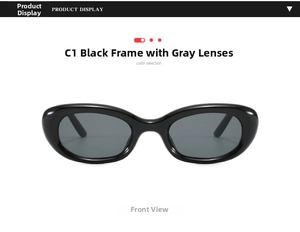 Front view of vintage oval sunglasses with a glossy black frame and gray lenses