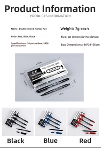 Detailed view of dual-tip markers showing black, blue, and red waterproof permanent ink pens