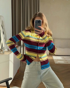 Mirror selfie showing texture of a striped knit cardigan with vintage collar detail