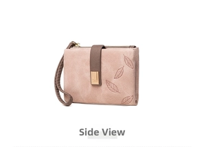 Side view of matte pink women's short wallet with leaf embossing and zipper detail