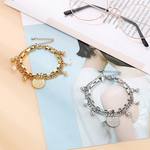 Double-layer stainless steel Hamsa coin bracelet with pearls and beads in gold and silver