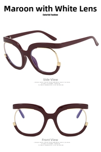 Detalle de montura de gafas extragrande burdeos con elegantes toques metálicos dorados
