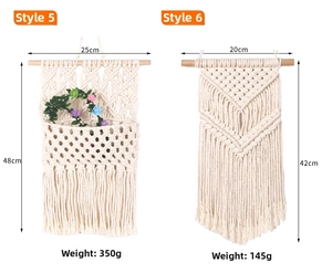 Detail of woven macrame wall hanging with storage pocket and V-shaped cotton tassels