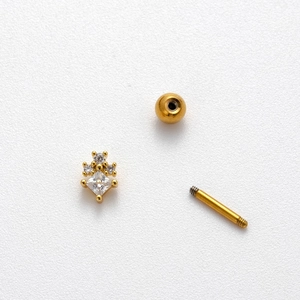 Golden double-headed screw ear stud with zircon flower design on white background