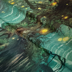 Macro detail of the woven forest tapestry showing fabric texture and green forest prints