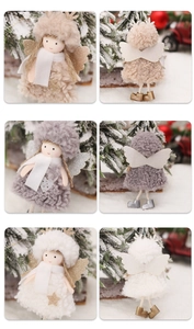 Detail of wool plush angel ornaments with sequin wings in white, grey, and beige colors