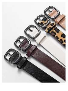 Detail shot of five thin faux leather belts in leopard print and assorted solid colors