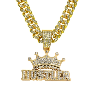 Collier Pendentif Couronne Lettre Hustler Hip Hop Pour Hommes Alliage Strass Iced Out Chaîne À Maillons Cubains Bijoux