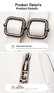 Detail view of the white pebble leather bag showing grey hardware and LS logo zipper pull