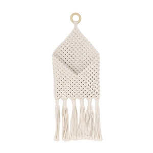 Handwoven bohemian cotton wall storage tapestry with macrame fringe and wooden ring
