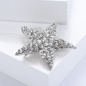 Detailed view of a silver five-point star brooch with micro-pave sparkling crystals