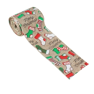 Christmas burlap ribbon with wired edges featuring stockings and Merry Christmas print
