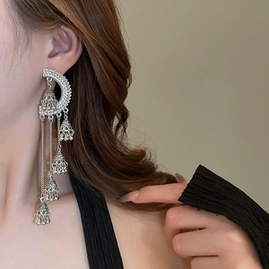 Détail de boucles d'oreilles bohèmes en argent avec longues franges et design en filigrane