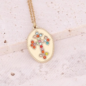 Gold stainless steel necklace featuring a crystal-encrusted cross pendant on stone