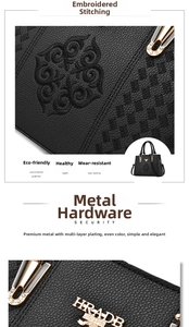 Detailed view of lychee texture leather handbag with floral embroidery and gold hardware